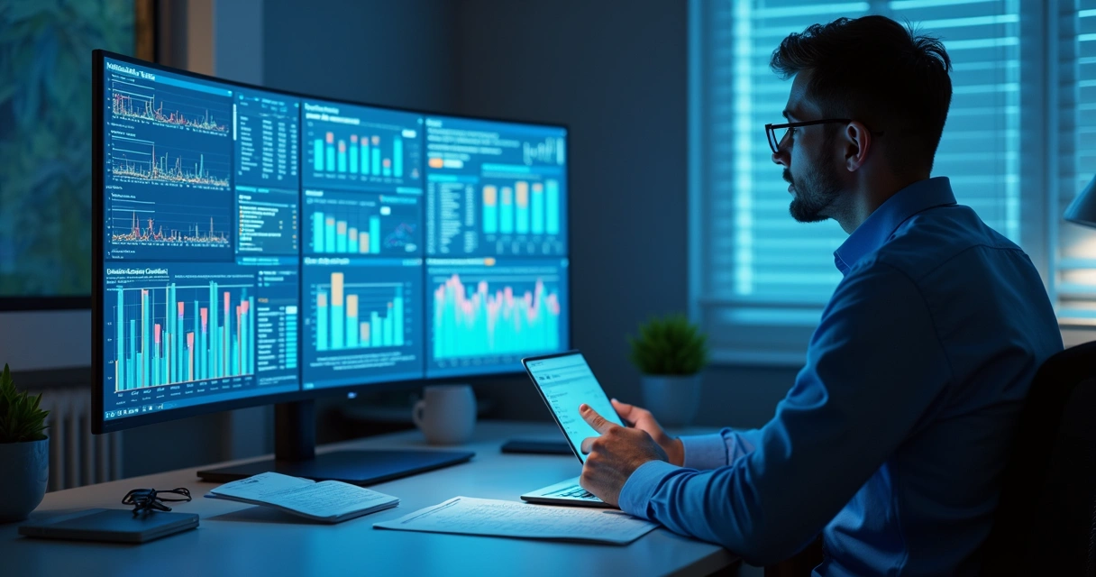 Contador humano analisando relatórios ao lado de tela com gráficos gerados por IA 