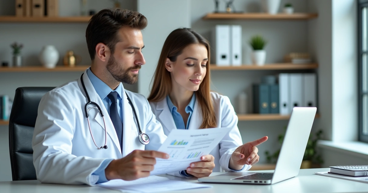 Médico consultando documentos fiscais ao lado de contador em escritório moderno e bem iluminado 