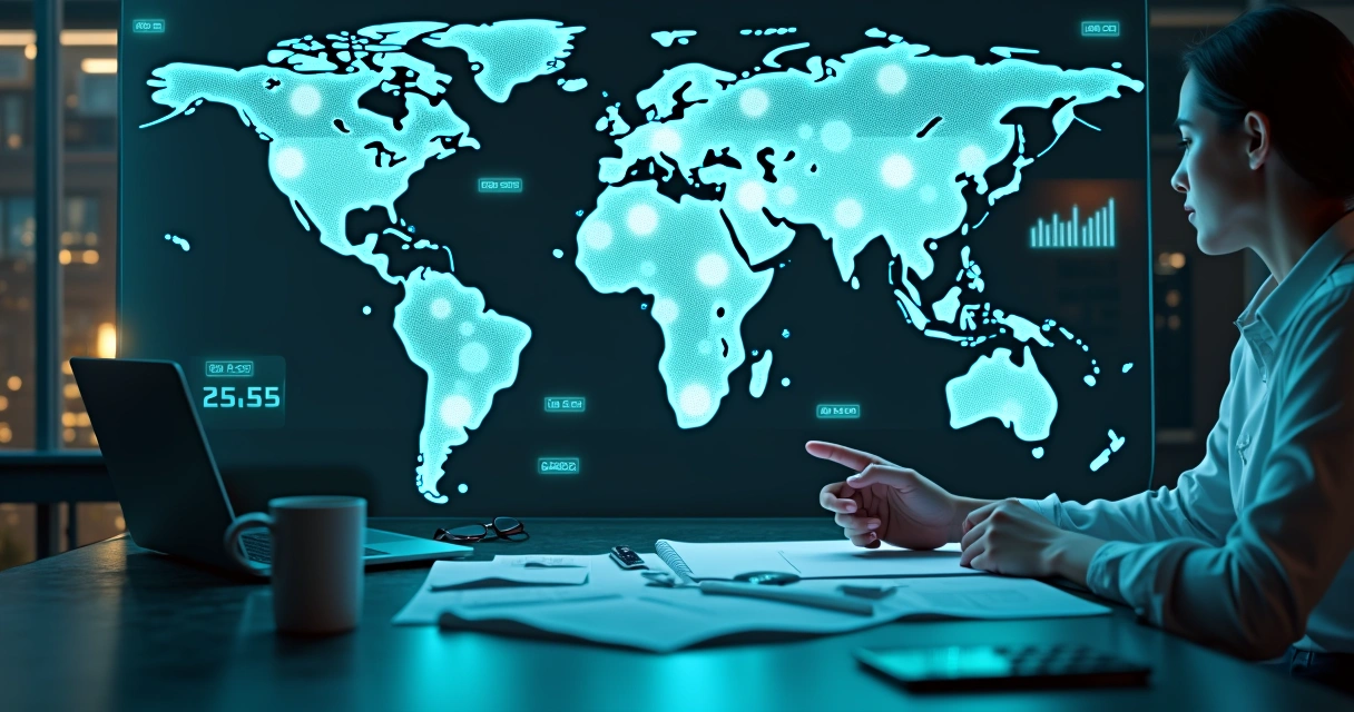 Contador analisando documentos fiscais com mapas globais e gráficos de impostos ao fundo 