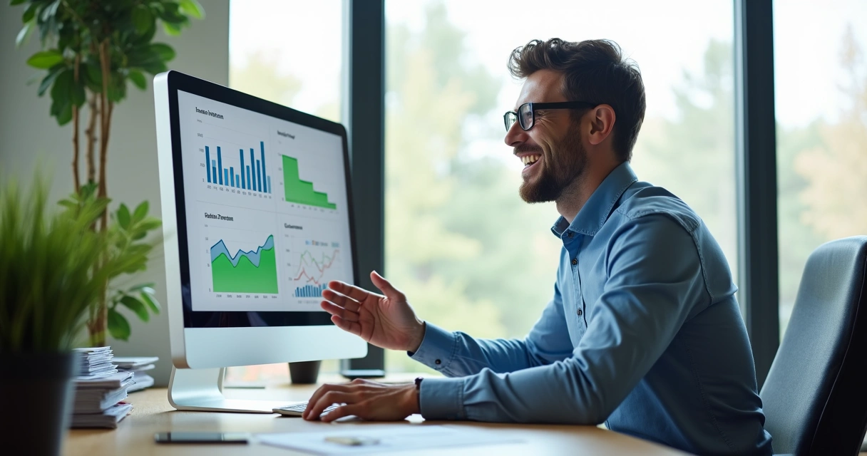 Contador sorrindo vendo gráficos automáticos em tela de computador 