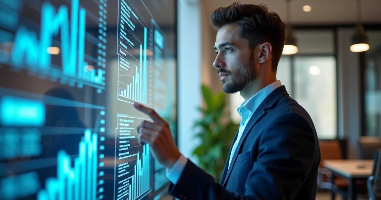 Contador moderno trabalhando com telas digitais 