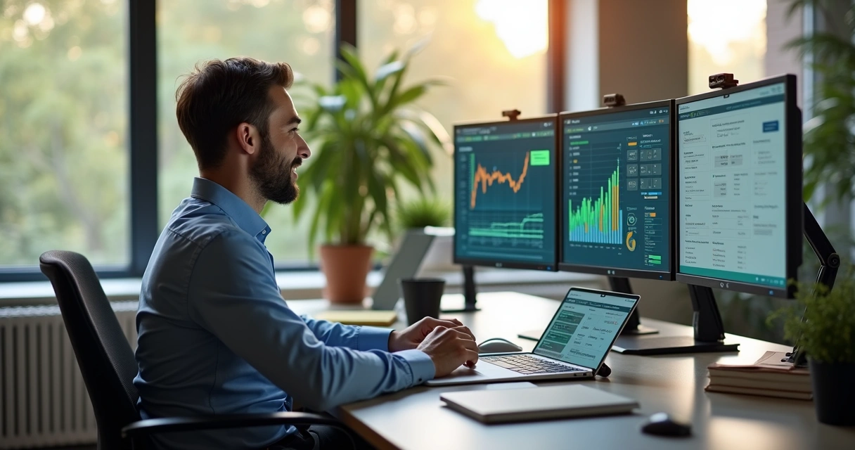 Contador trabalhando com múltiplas telas mostrando gráficos, integração de sistemas e atendimento humanizado a cliente 