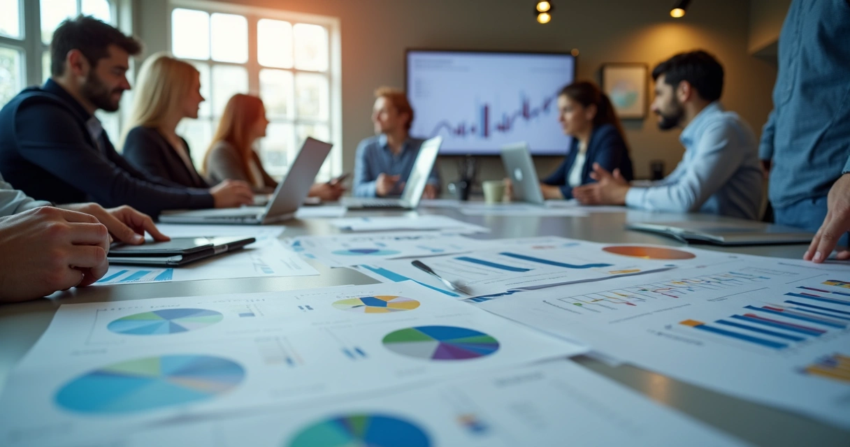 Contador analisando documentação e gráficos de inovação sobre mesa moderna 