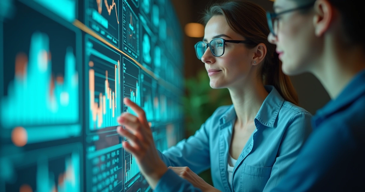 Contador interagindo com tecnologia digital e símbolos humanos 