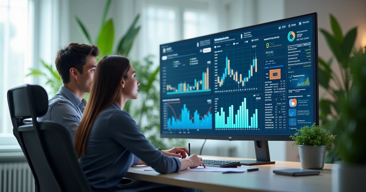 Contador ao lado de assistente virtual em tela, analisando juntos dados financeiros 