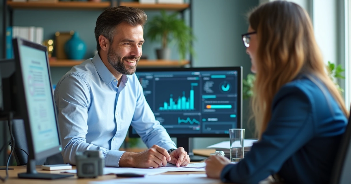 Contador em escritório moderno com computador, gráficos e cliente 