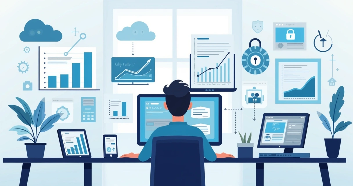 Contador em escritório moderno, analisando dados em múltiplos monitores 