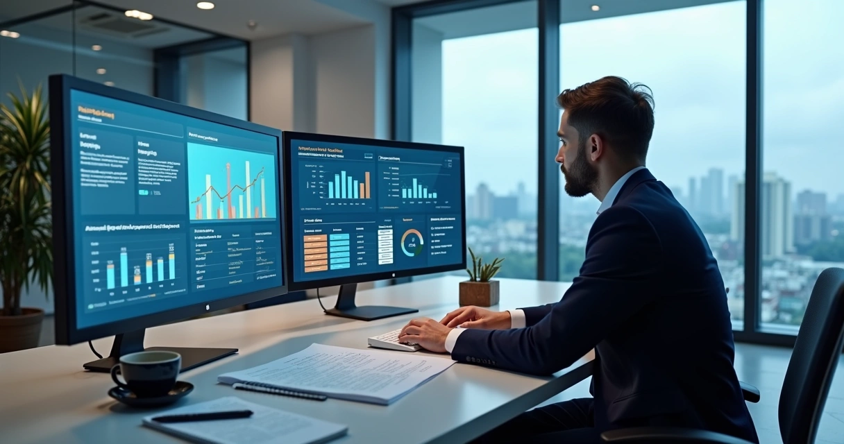 Contador diante de painel contábil digital com gráficos e documentos 