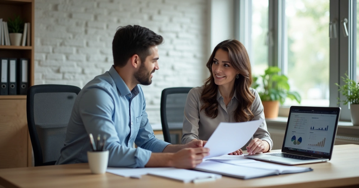 Contador atendendo empresário em escritório moderno com computador e documentos 