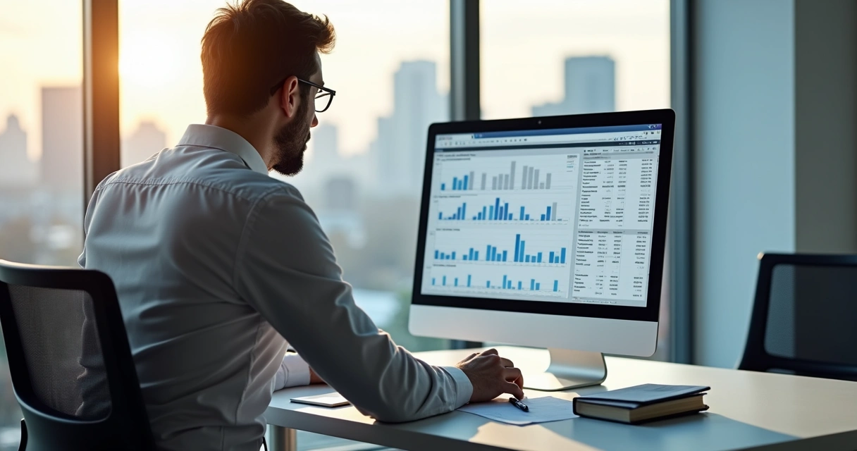 Contador revisando planilhas financeiras no computador 