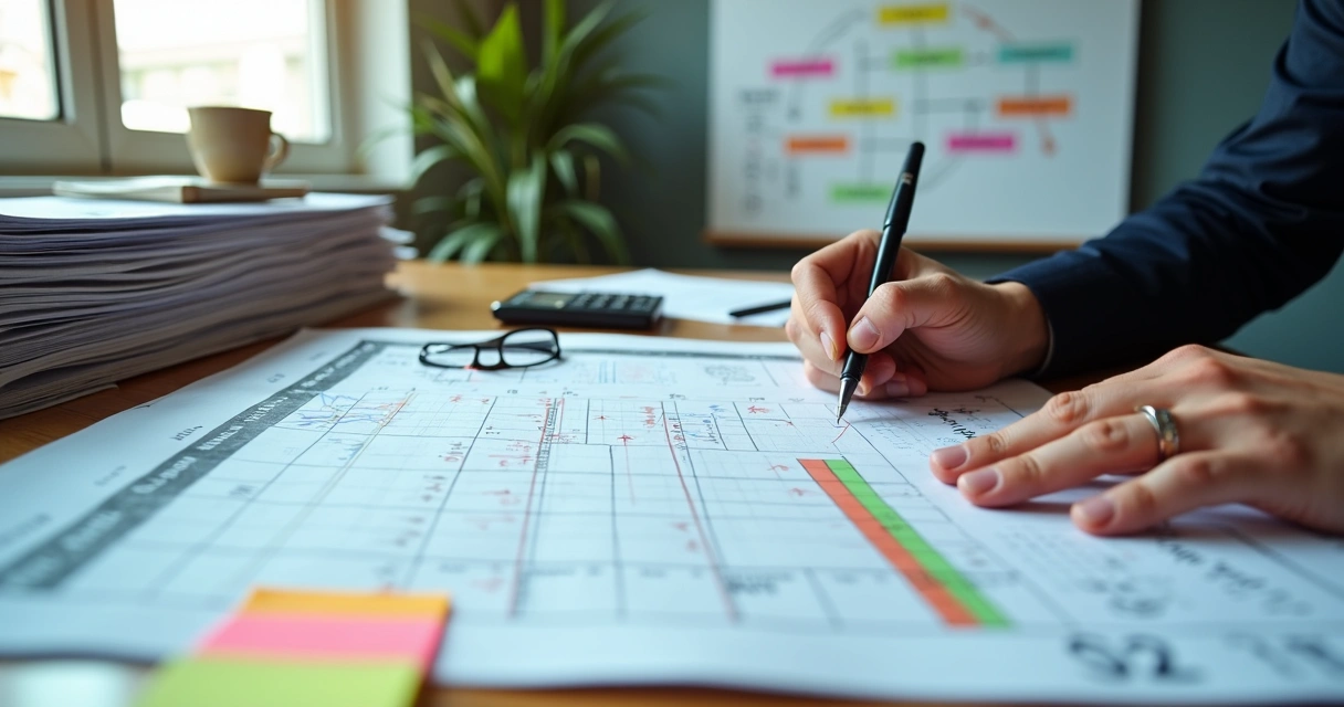 Contador organizando planejamento tributário anual com calendário fiscal e documentos 