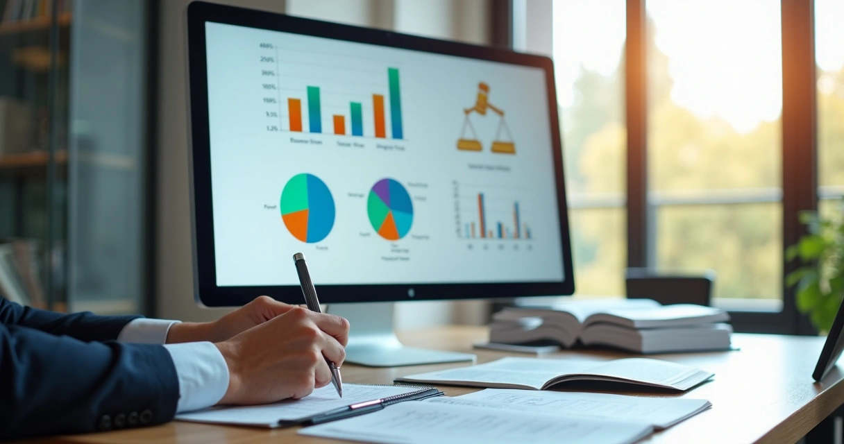 Contador analisando gráficos digitais de tributação para empresa 
