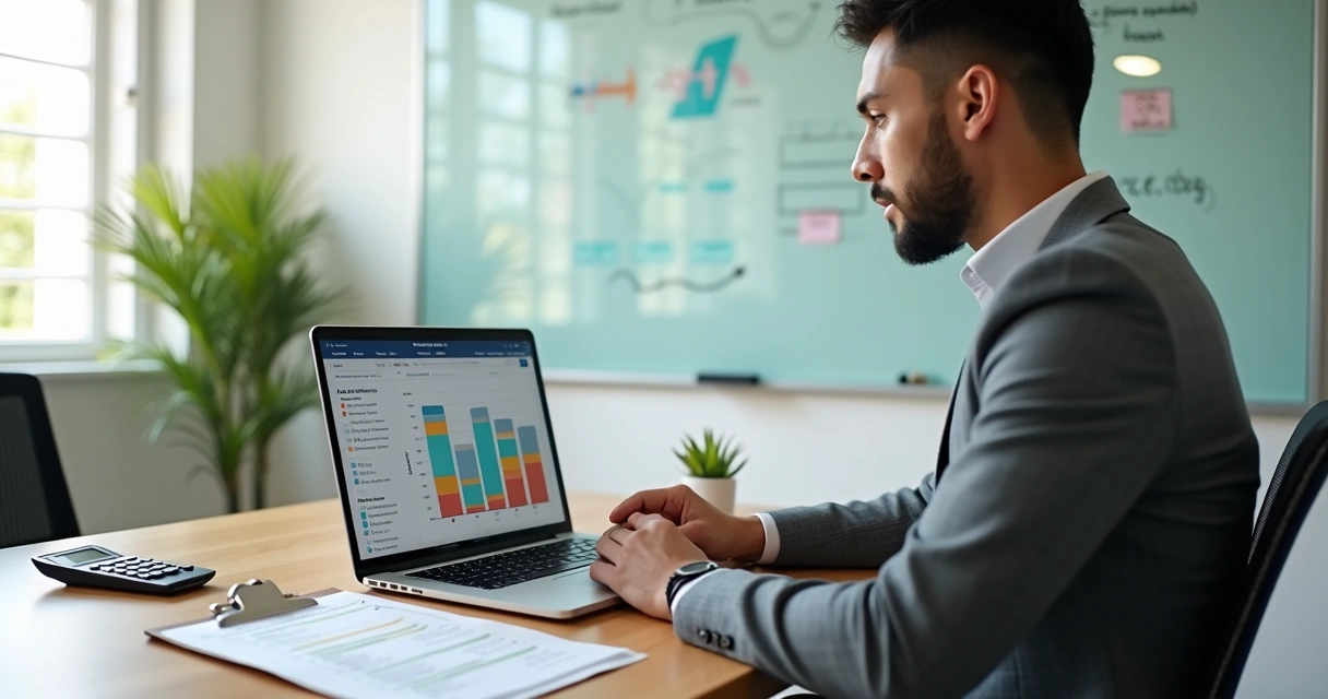 Contador analisando mudanças no IRPJ 2026 em mesa de escritório com gráficos e leis 