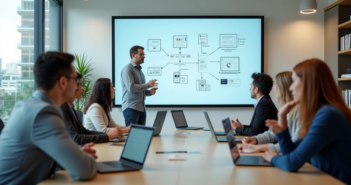 Contador treinando equipe em plataforma no-code no escritório 