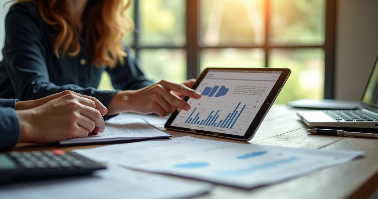 Contador orienta PME em reunião com gráficos digitais abertos 