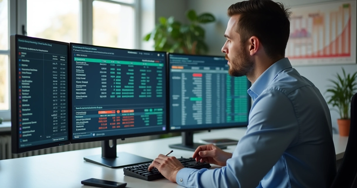 Contador analisando transações bancárias em um computador moderno 