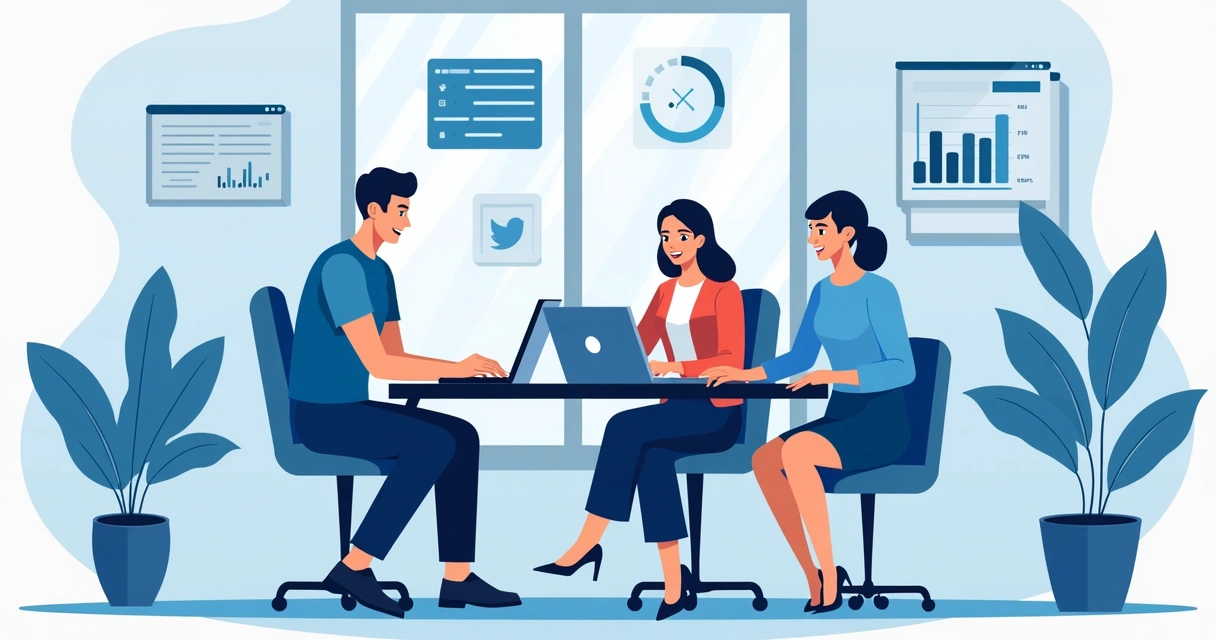 Contador acessando redes sociais e site no notebook, clientes felizes sendo atendidos, cenário moderno de escritório. 