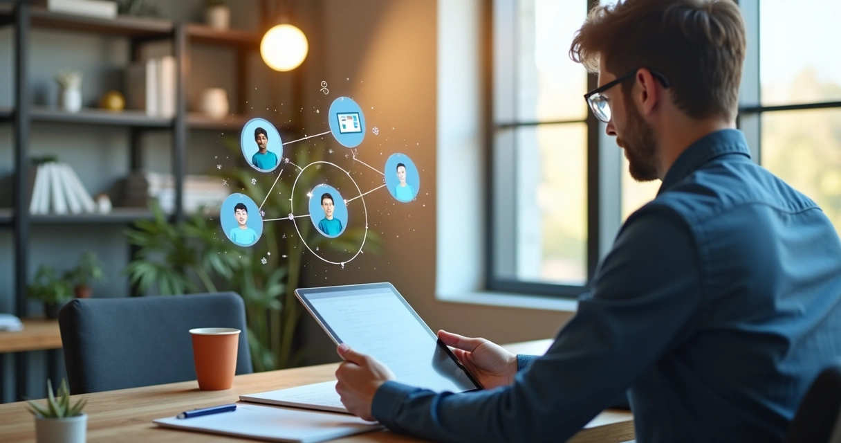 Contador acessando redes sociais em escritório com tablet e telefone sobre a mesa 