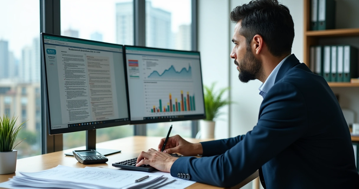 Contador analisando reforma tributária de 2026 com gráficos e leis sobre a mesa 