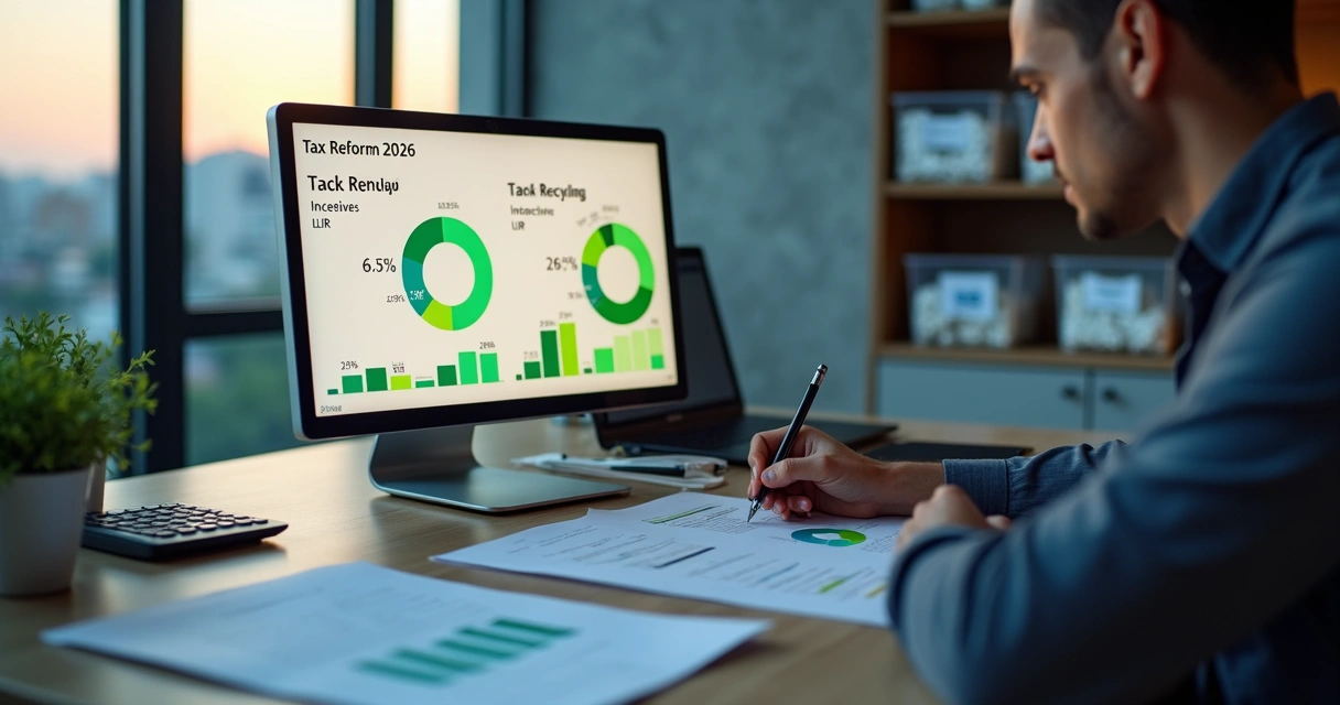 Contador analisando reforma tributária com ícone de reciclagem e impostos 