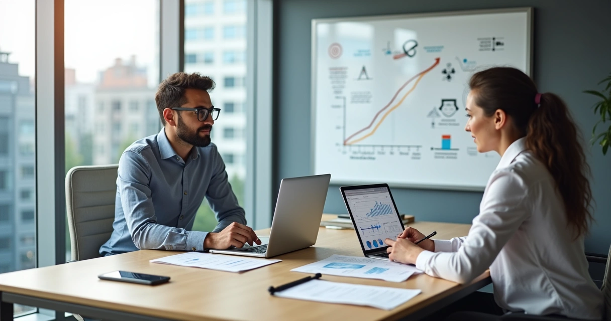 Contador apresenta estratégias de crescimento para empresária em reunião no escritório 