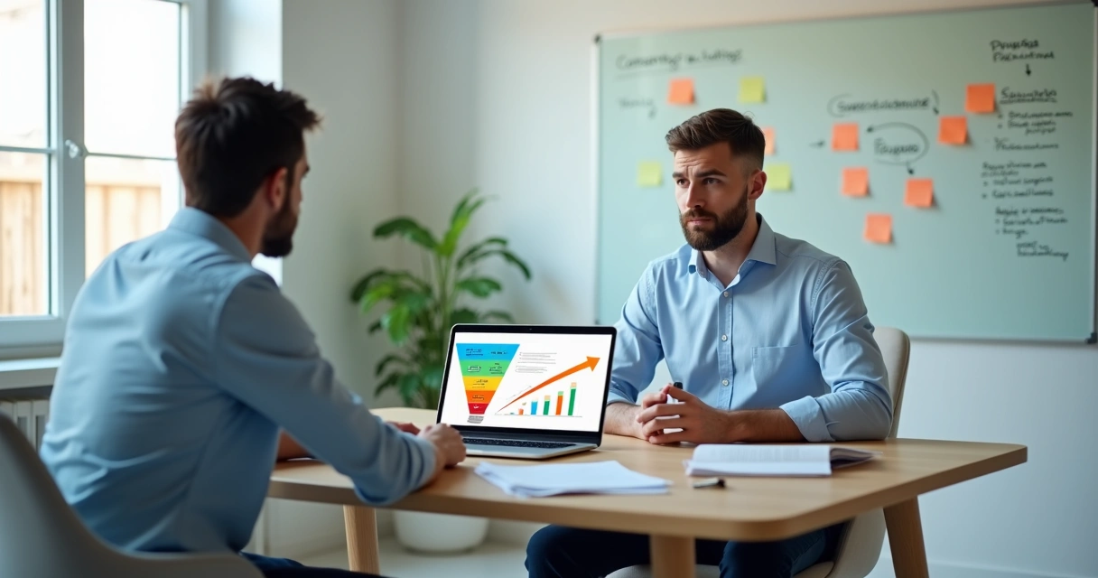 Contador em reunião consultiva com cliente mostrando funil de vendas em laptop 