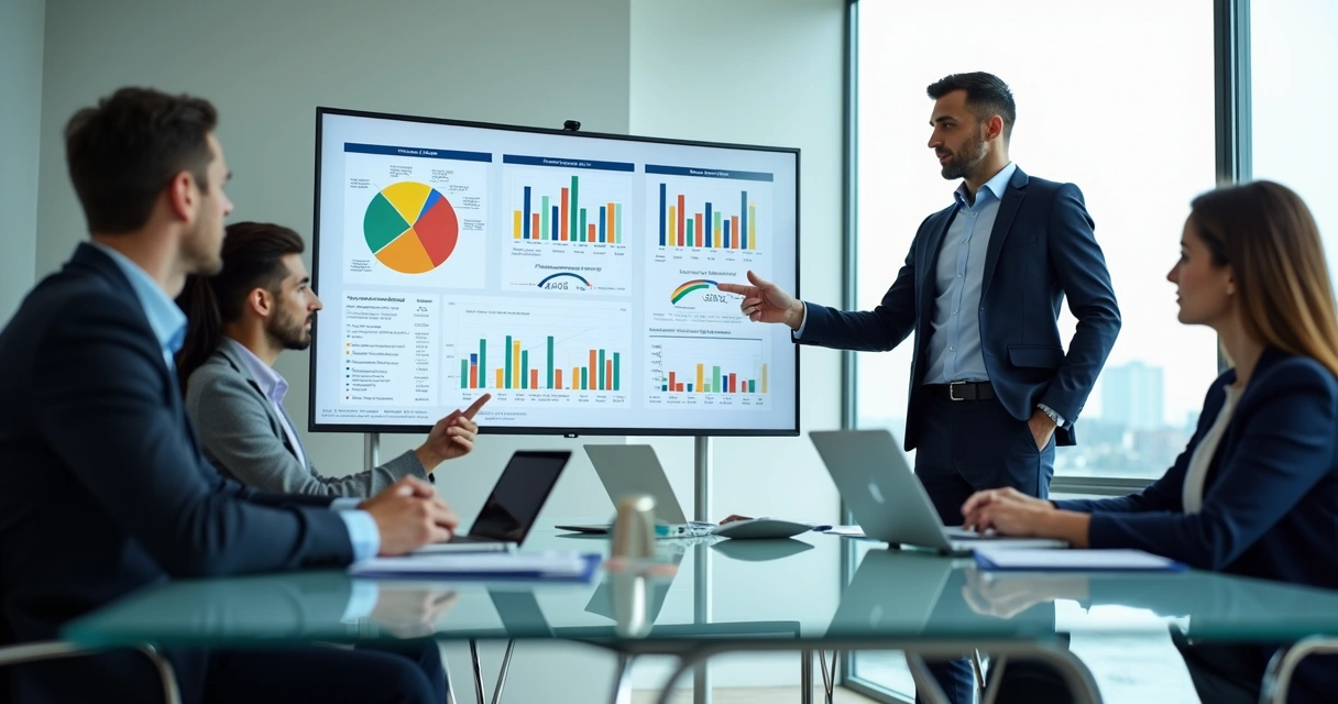 Contador apresentando relatórios a clientes em uma sala de reunião moderna 