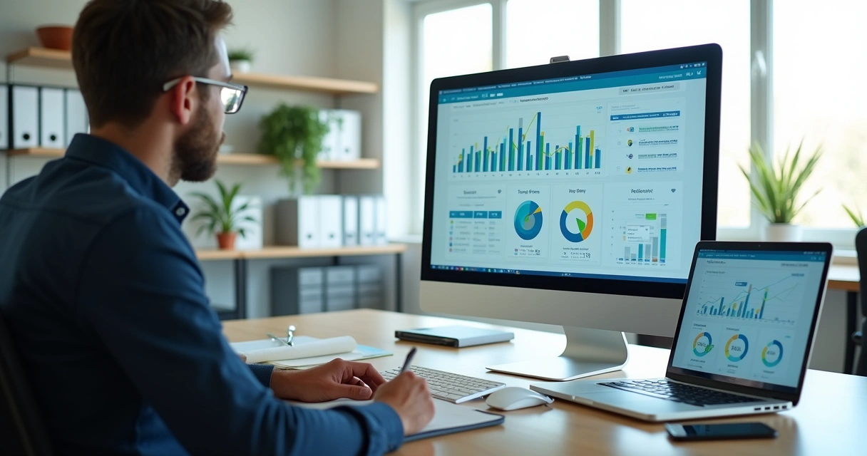 Contador usando software de gestão em escritório moderno com gráficos financeiros na tela 
