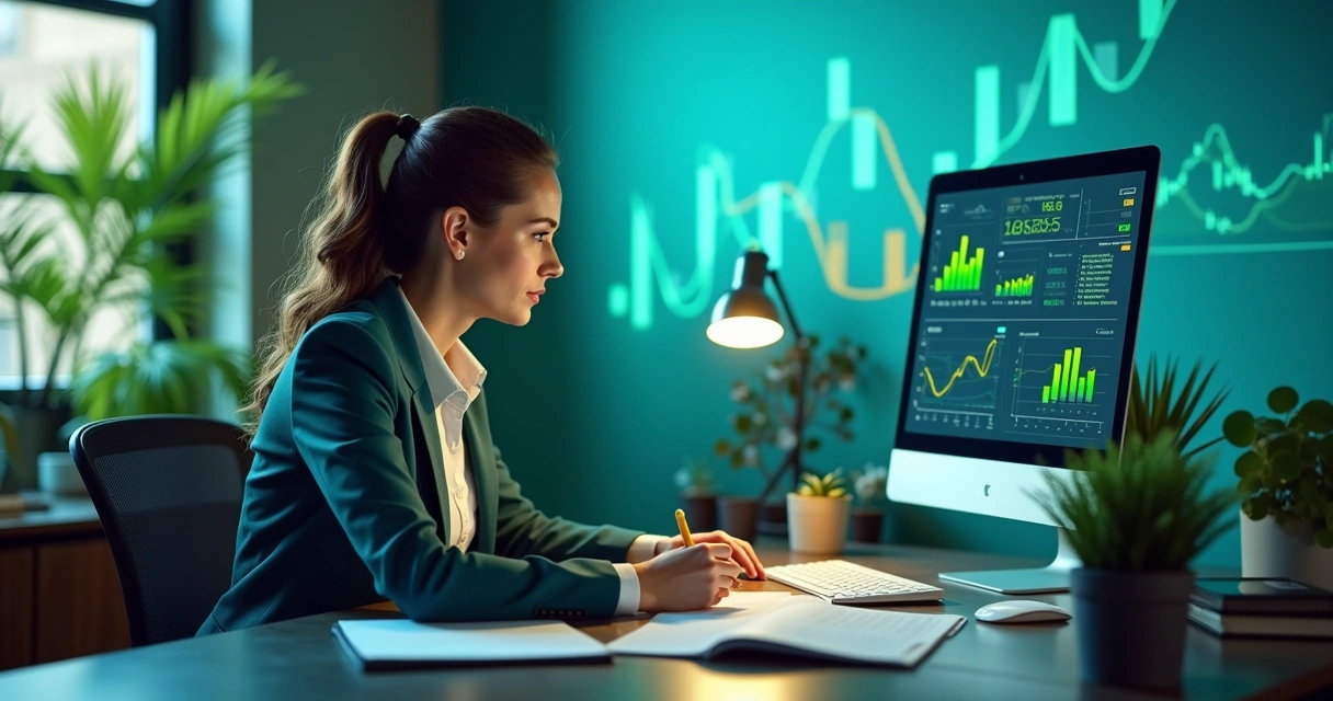 Contador em escritório moderno analisa gráficos financeiros e planeja com confiança para o sucesso empresarial.