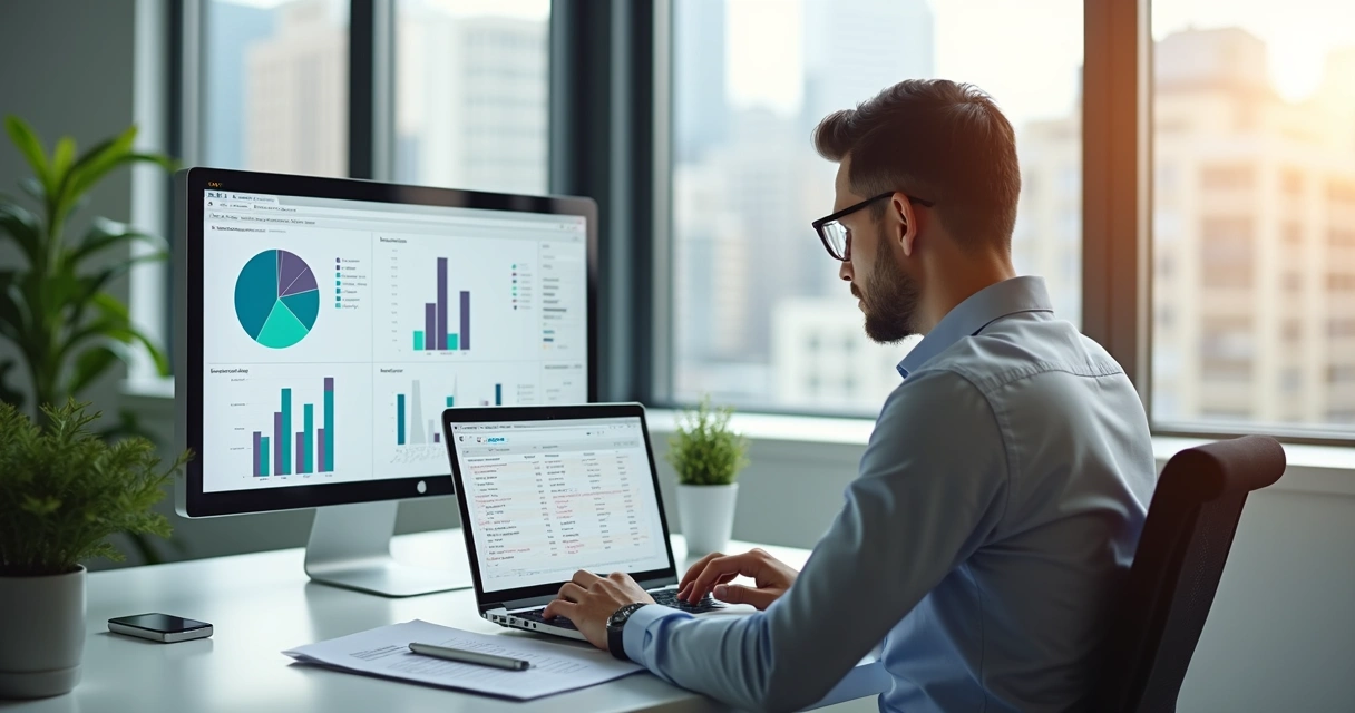 Contador revisando documentos digitais e notas fiscais em ambiente moderno de escritório com laptop e gráficos no monitor
