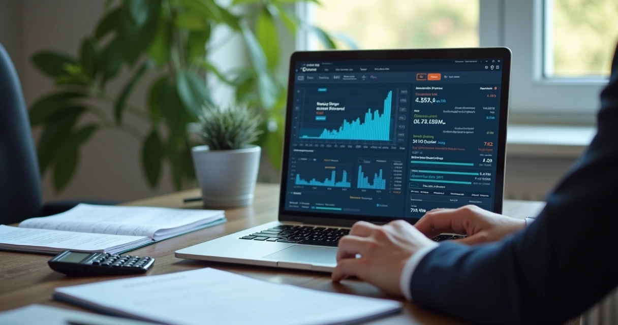 Contador sentado à mesa trabalhando com laptop e inteligência artificial no monitor em escritório moderno 