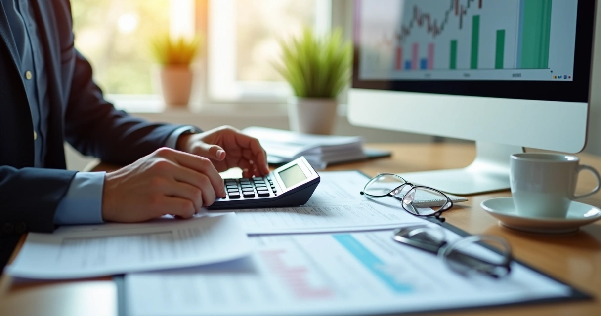 Contadora analisando pilha de documentos fiscais em uma mesa iluminada