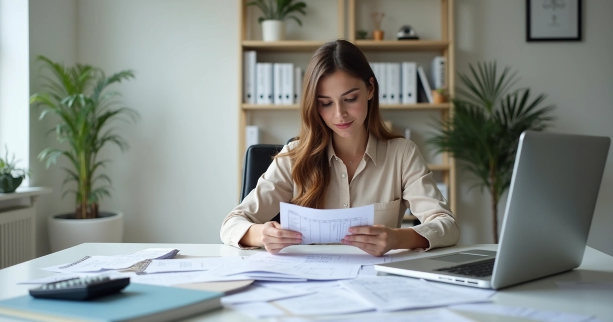 Contadora analisando documentos de imposto de renda em sua mesa 