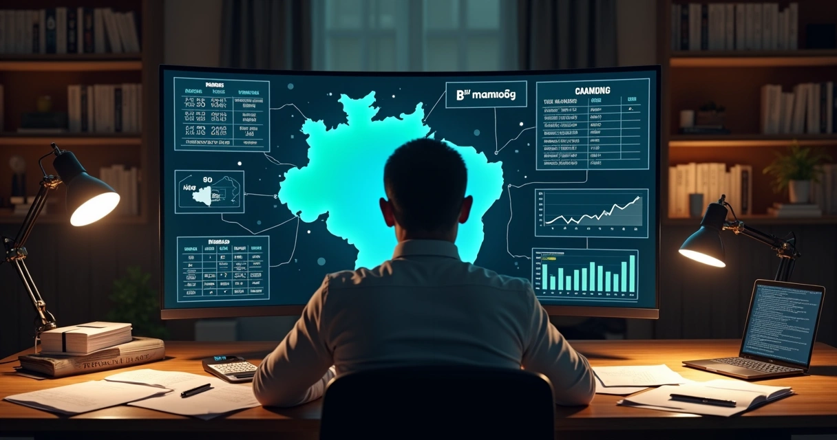 Profissional tributário analisando dados fiscais sobre mapa de Pernambuco em tela digital 