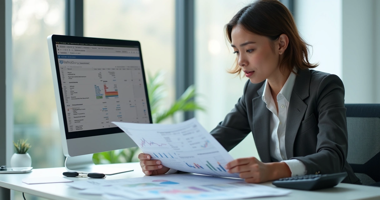 Mulher analisando relatórios financeiros e estoque em escritório. 