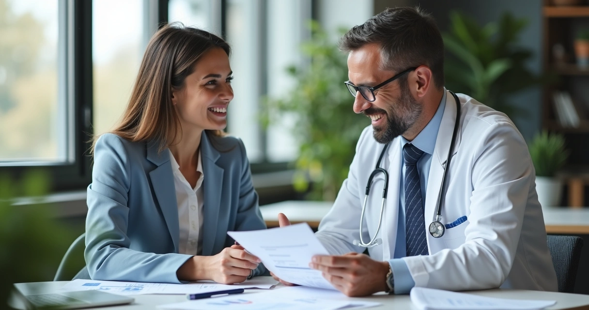 Contadora explicando documentos para médico em escritório moderno 