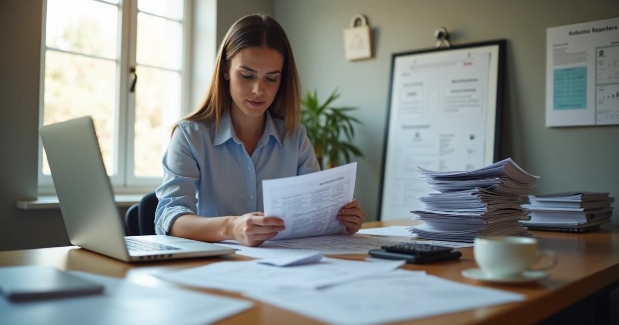 Contadora analisando documentos de clínica médica ao computador 