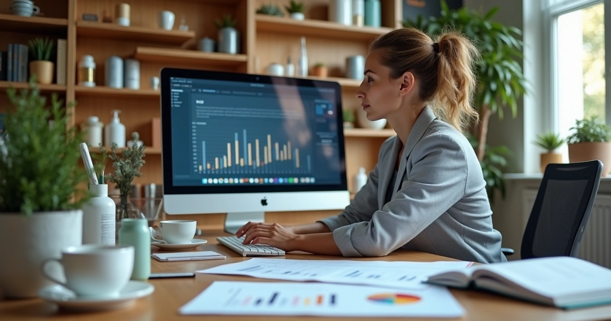 Contadora usando computador para emitir nota para salão de beleza 