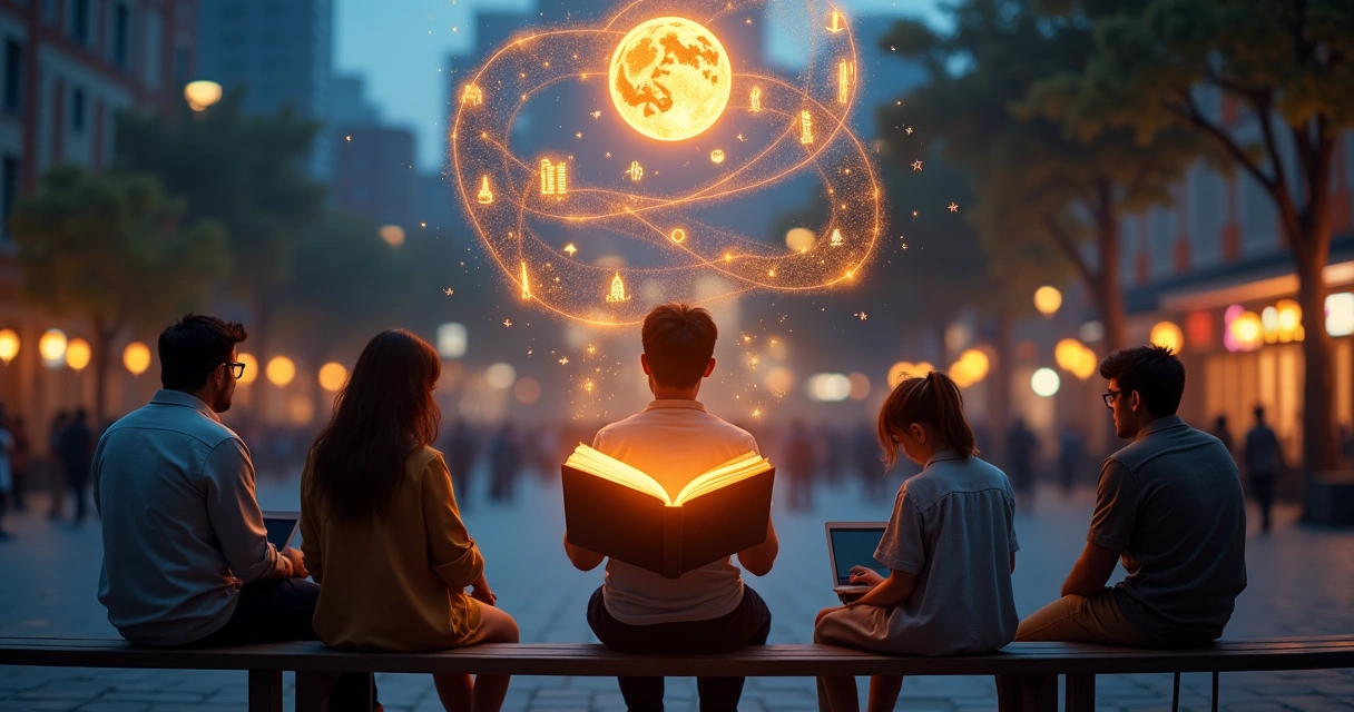 Pessoa contando histórias em praça com livro brilhando e pessoas de diferentes idades ouvindo 
