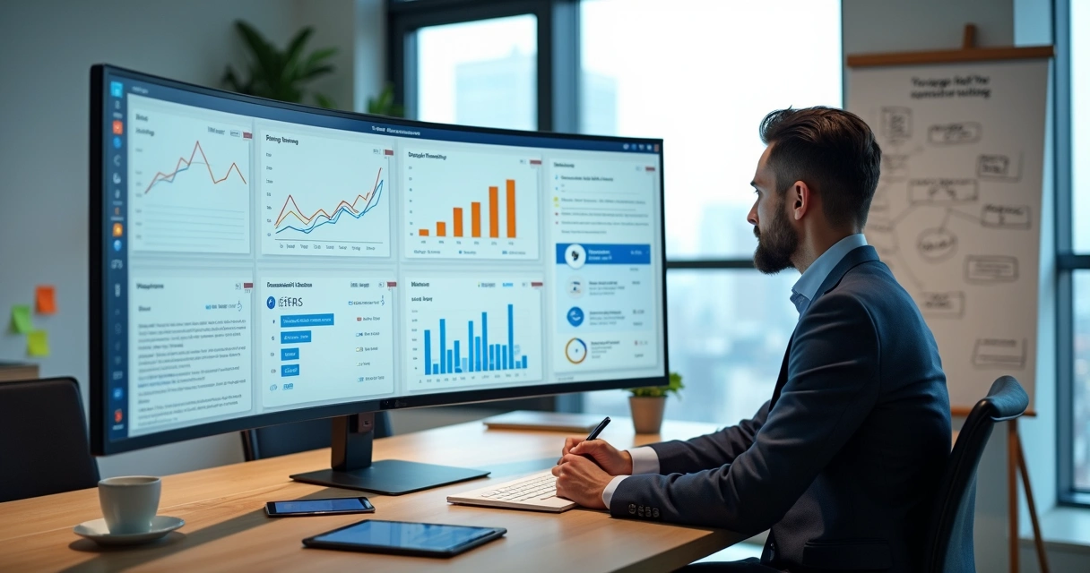 Profissional de contabilidade analisando métricas de marketing digital no escritório 