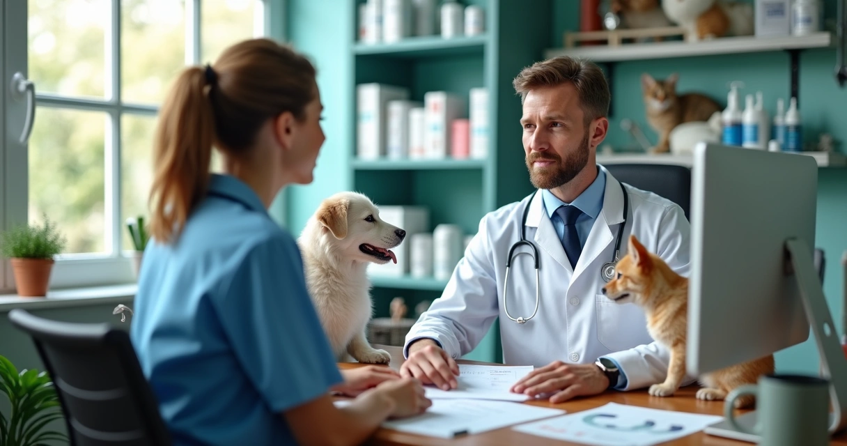 Contador atendendo veterinário em clínica pet com documentos na mesa 