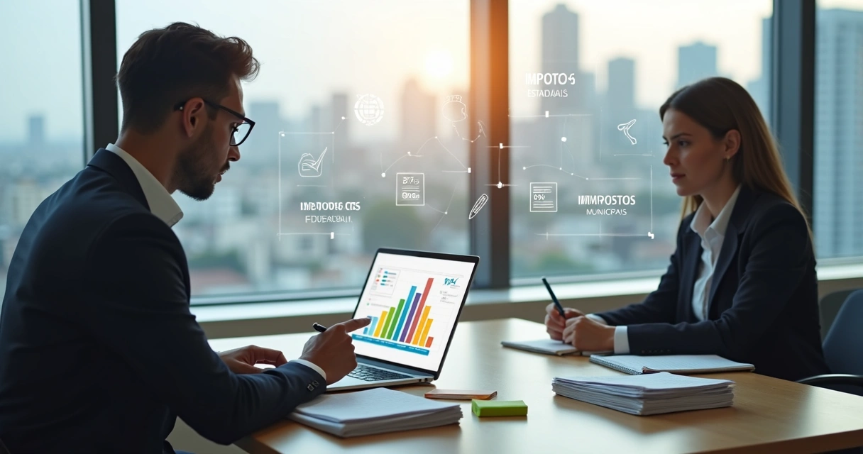 Contadora analisando impostos federais estaduais e municipais para PJ em escritório moderno 