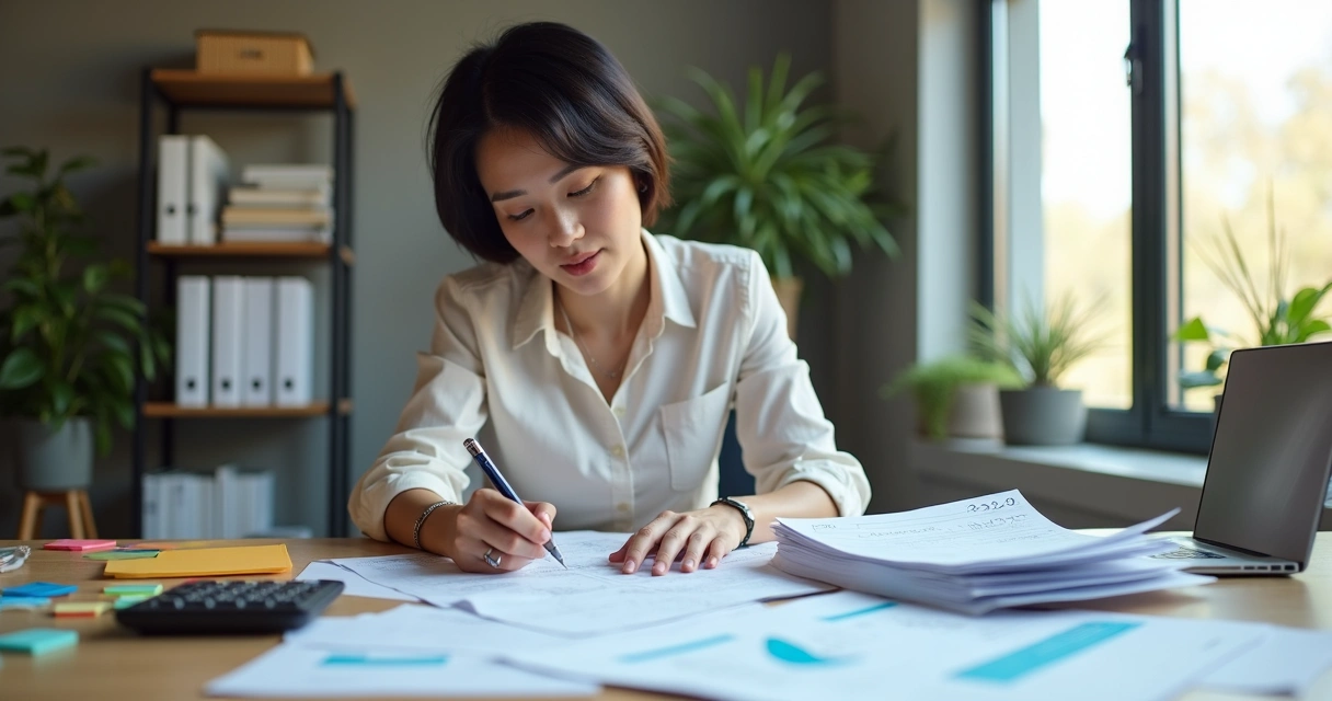 Contadora analisando documentos fiscais e médicos em escritório moderno