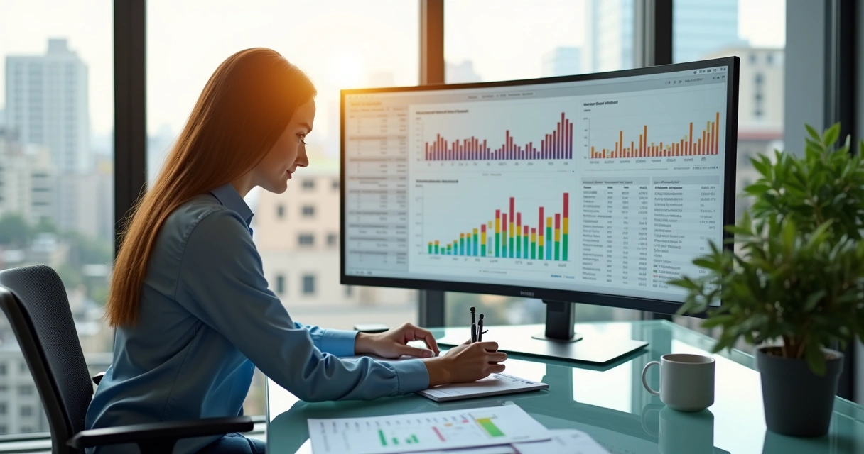 Contadora analisando gráficos de impostos e documentos empresariais em mesa moderna 