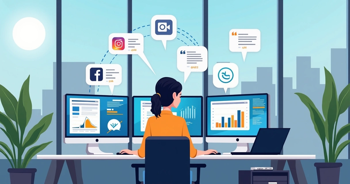 Contadora usando redes sociais no escritório de contabilidade. 