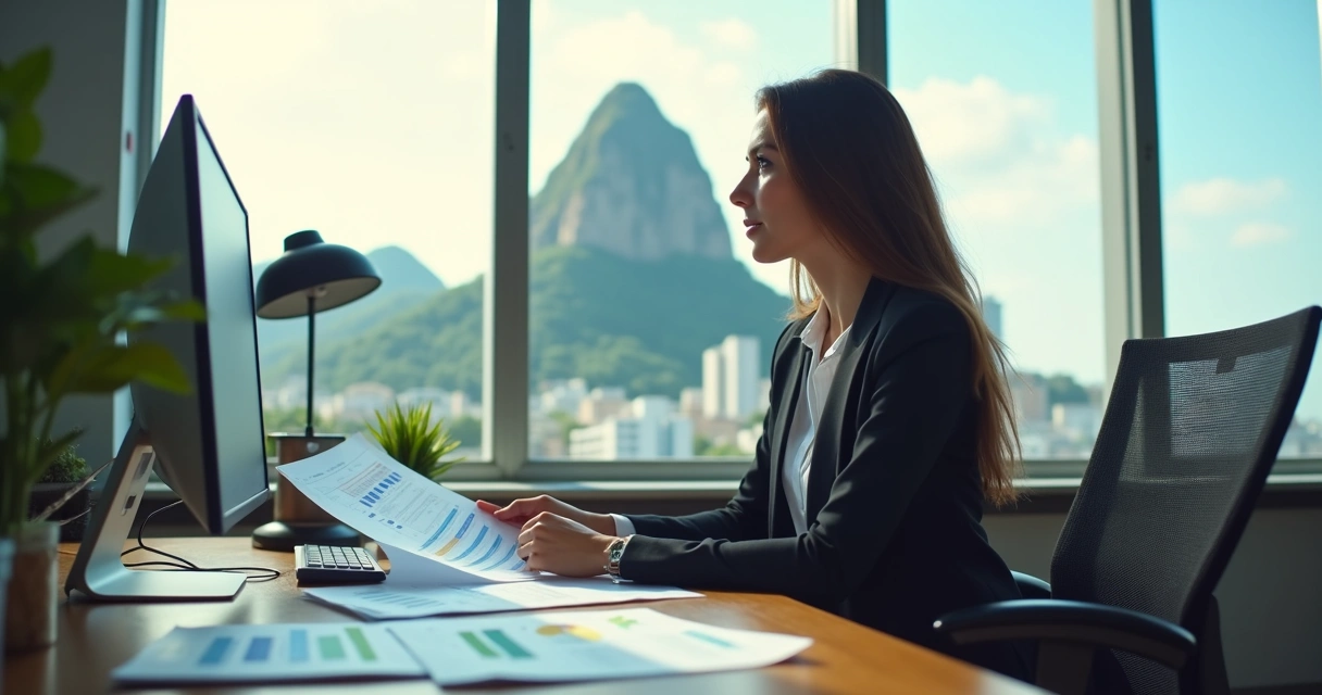 Contadora analisando documentos em escritório com vista para o Pão de Açúcar 