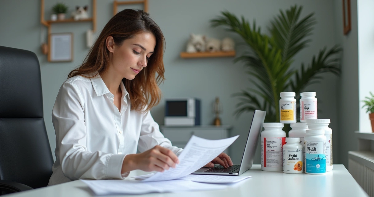 Contadora especialista em produtos pet analisando documento fiscal 