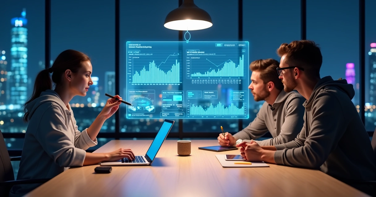 Contadora apresentando estratégia financeira para fundadores de startup tecnologia 