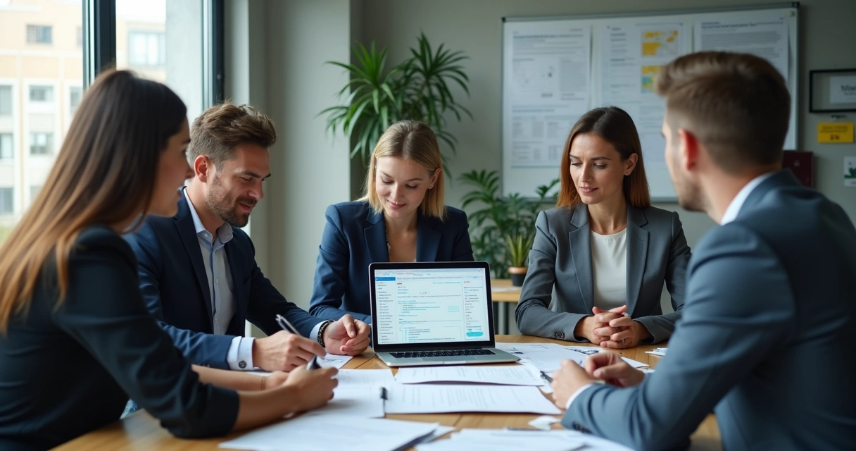 Equipe contábil reunida analisando plano de adoção ao Simples Nacional. 