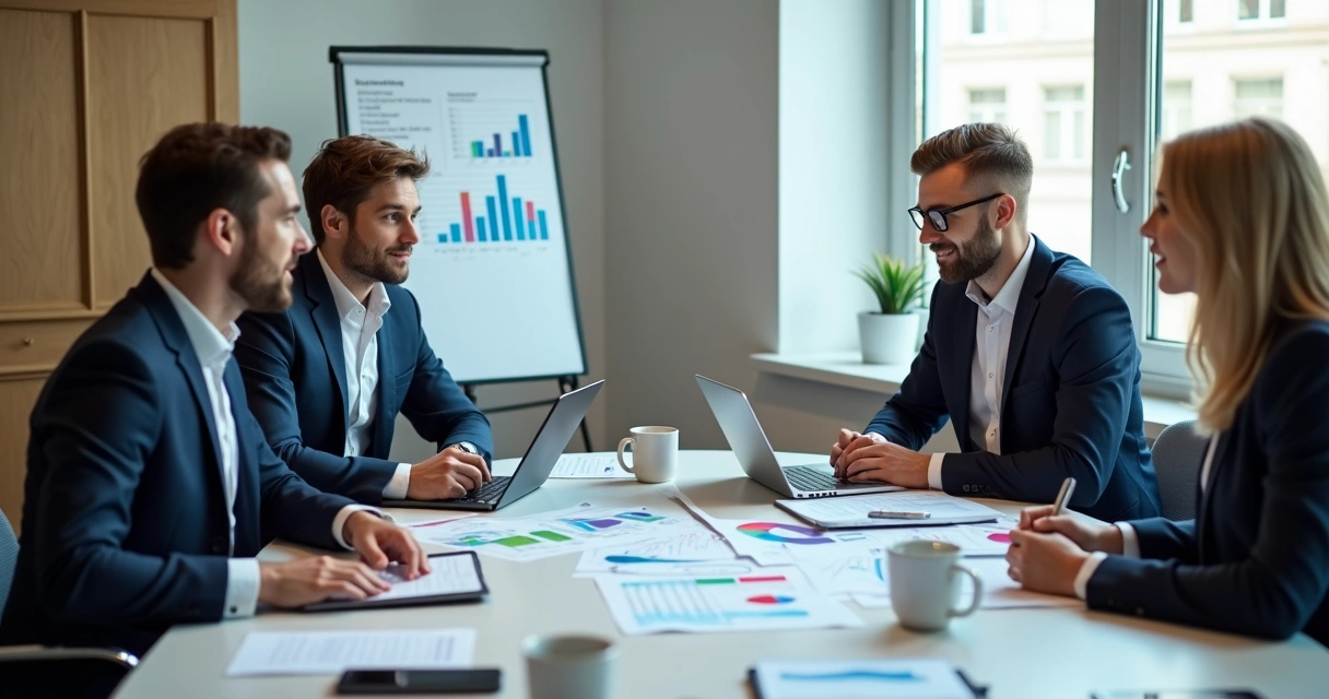 Contadores analisando planilhas e gráficos em uma mesa de escritório 